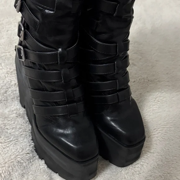 Gothic Black Buckle Strappy Monster Wedge Knee High Platform Boots - 9 - Picture 16 of 17